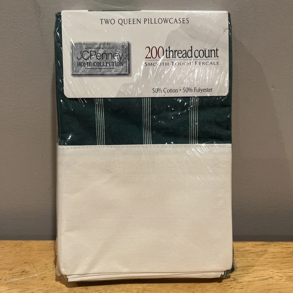 Vtg JCPenney Home Collection (2) Pillowcases Forest Green‎ Stripe 200 TC